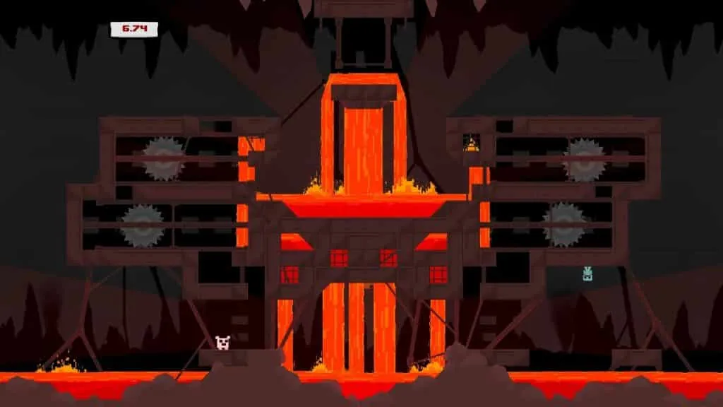 史上最も難しいプラットフォーマー ゲームの 1 つである Super Meat Boy のレベルのイメージ。