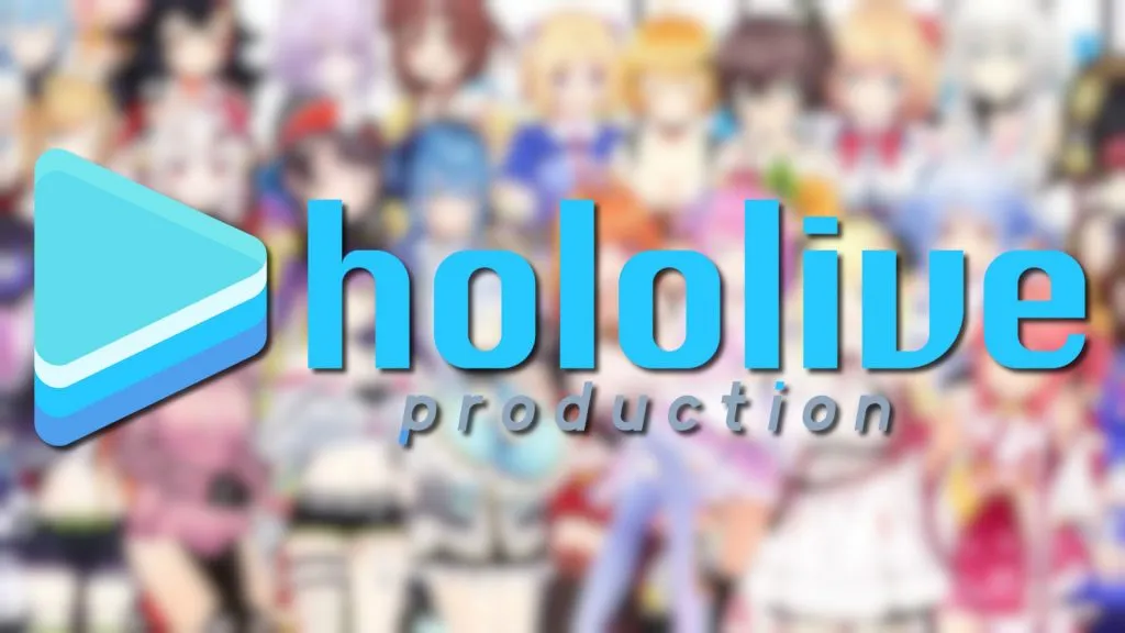 Imagen borrosa de varios miembros de Hololive Japan con el logotipo de la empresa en primer plano.