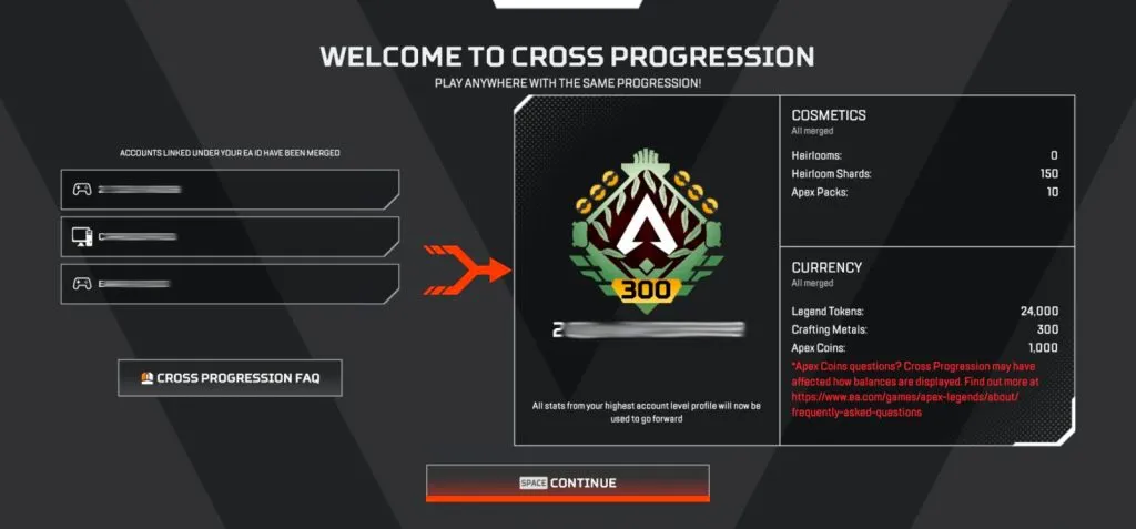 Es erscheint ein Apex-Cross-Progression-Popup