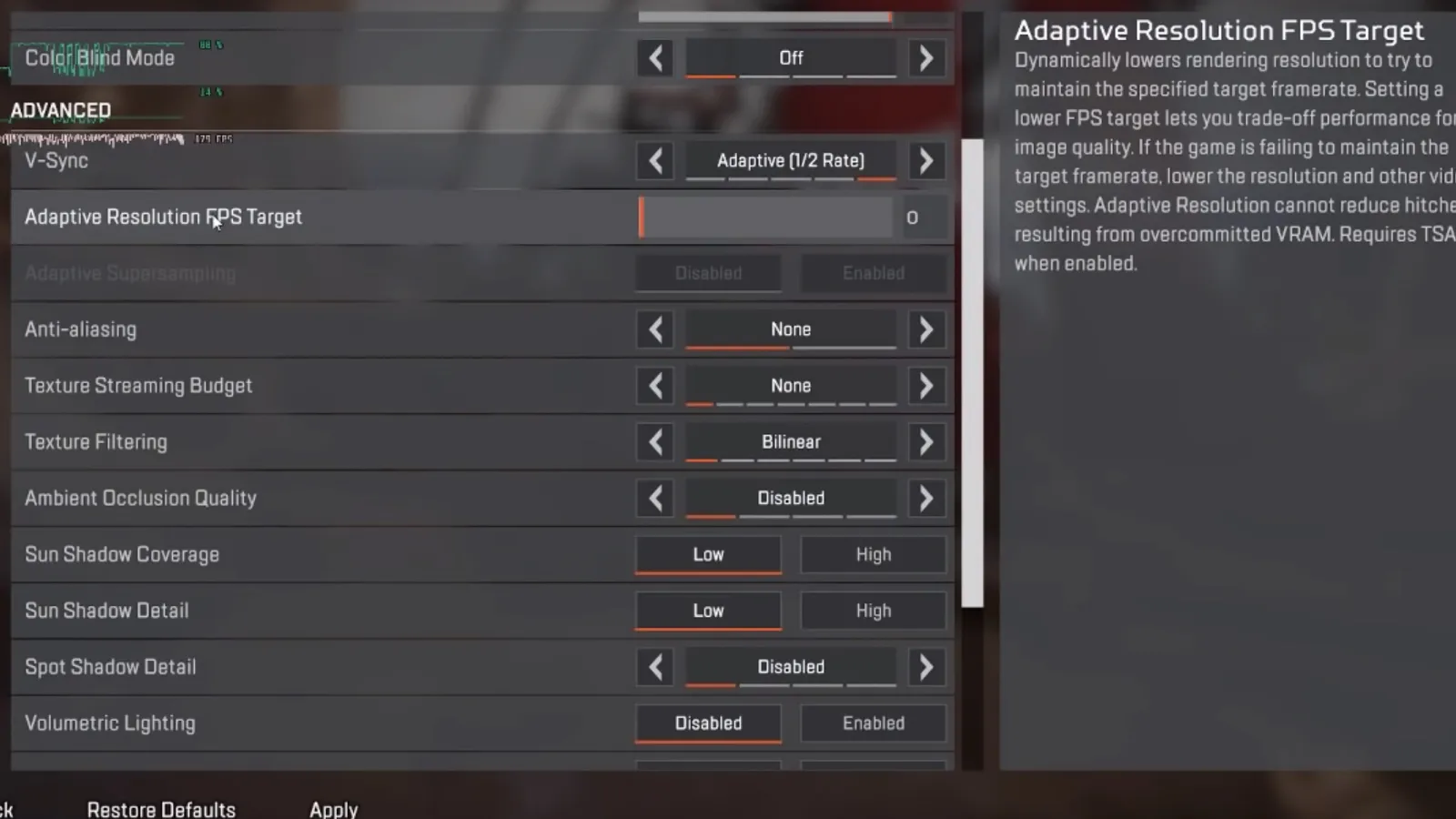 Uma captura de tela das configurações gráficas no Apex Legends via ImSpeedyGonzales