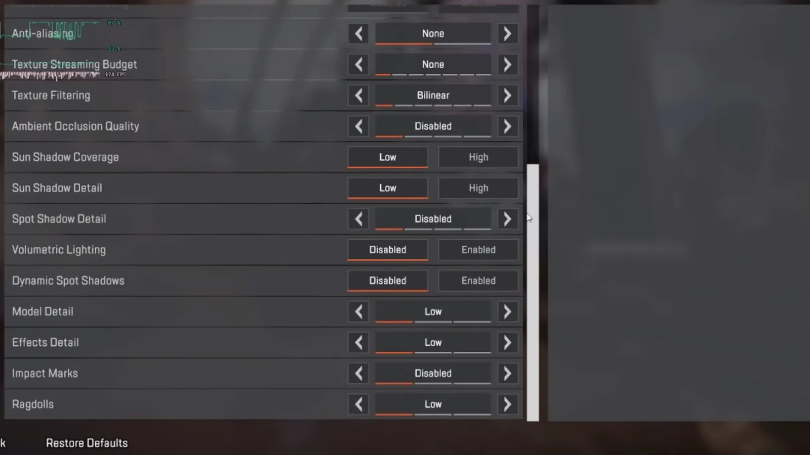 Una captura de pantalla de la configuración de gráficos en Apex Legends a través de ImSpeedyGonzales