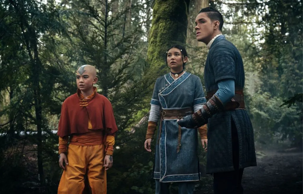 Aang, Katara e Sokka em Avatar: O Último Mestre do Ar, da Netflix