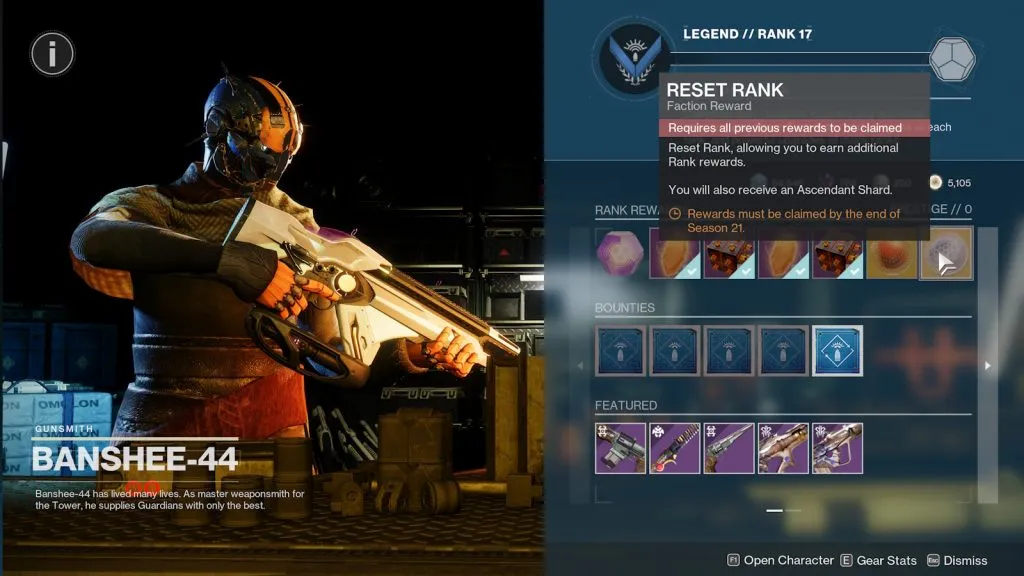 Interfaccia del venditore Banshee-44 da Destiny 2 con l'opzione prestigio evidenziata.