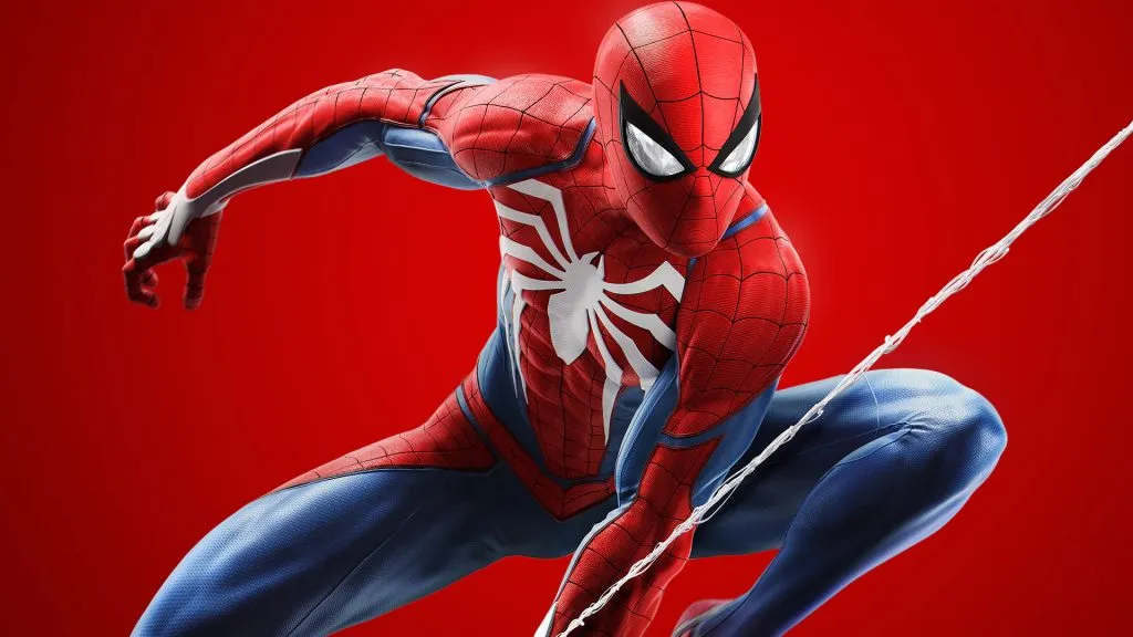 O Homem-Aranha balança em um fundo vermelho.