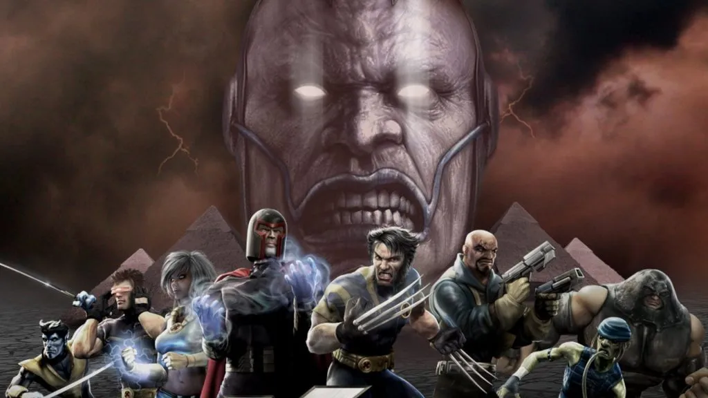 Un groupe de X-Men et la Confrérie des Mauvais Mutants se tiennent devant une Apocalypse grimaçante.