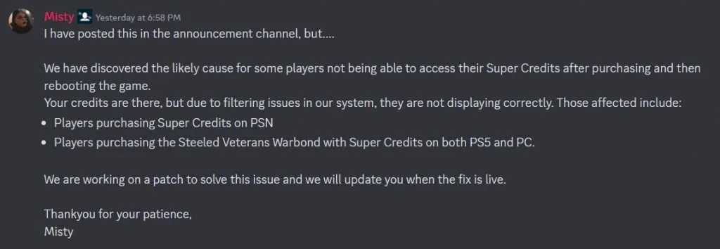 un'immagine del messaggio di errore dei Super Crediti che scompare sul server Discord di Helldivers 2