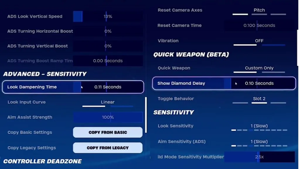 Configurações do controlador para assistência com mira forte no Fortnite Capítulo 5.