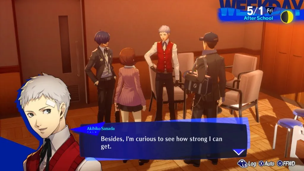 Una imagen del juego Persona 3 Reload con el elenco principal de personajes hablando.