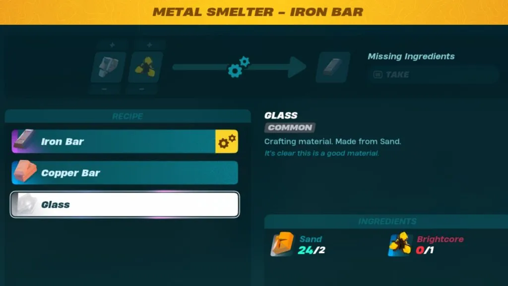 Una captura de pantalla de los materiales para fabricar Glass en LEGO Fortnite.