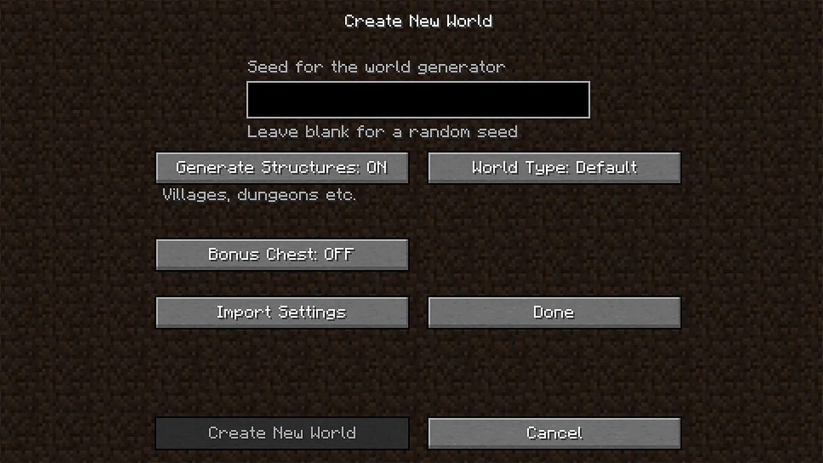 Una imagen que muestra la pantalla del menú para usar Minecraft World Seed, las mejores semillas de Minecraft 2023.