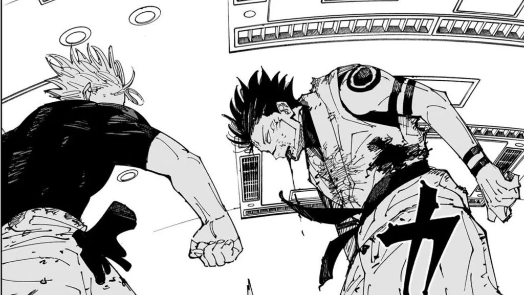 A panel from Jujutsu Kaisen manga with Gojo and Sukuna