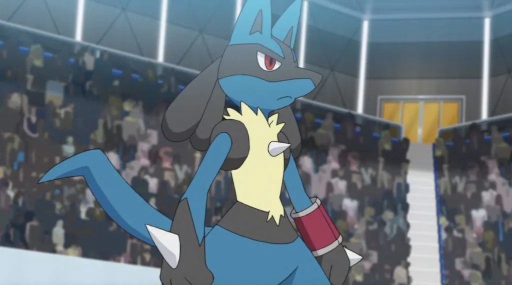 Capture d'écran de Lucario combattant dans l'anime Pokémon.