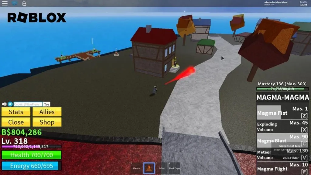 Giocatore che usa il Magma Fruit in Roblox