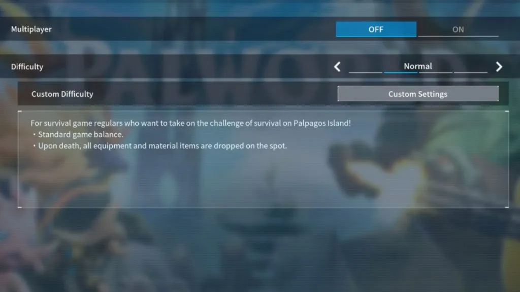 Uno screenshot dell'impostazione di difficoltà normale in Palworld.