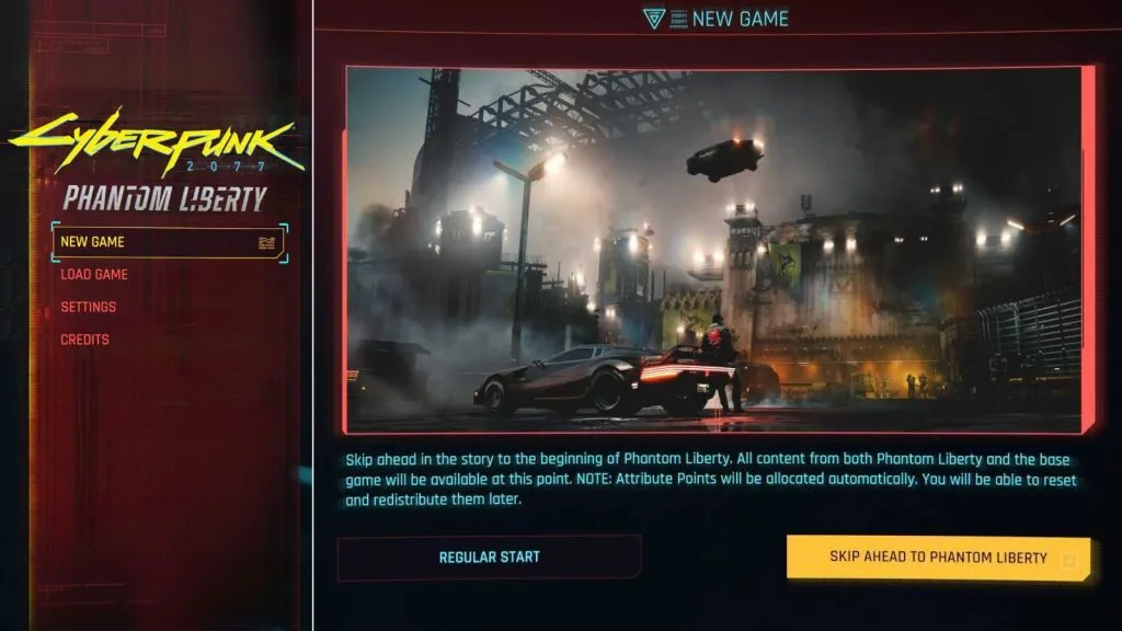 Menu główne gry Cyberpunk 2077 Phantom Liberty