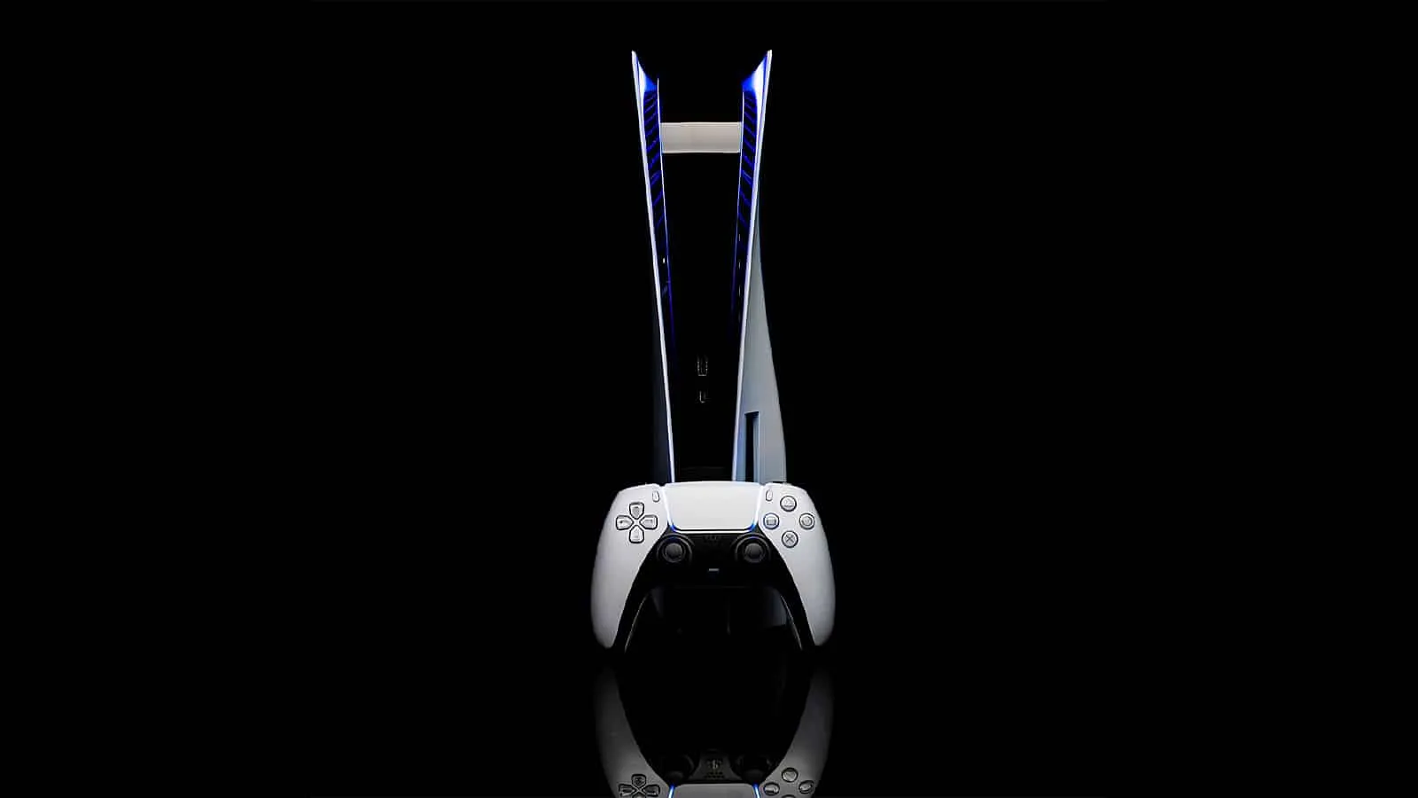 黒い背景に反射のある PlayStation 5 の画像
