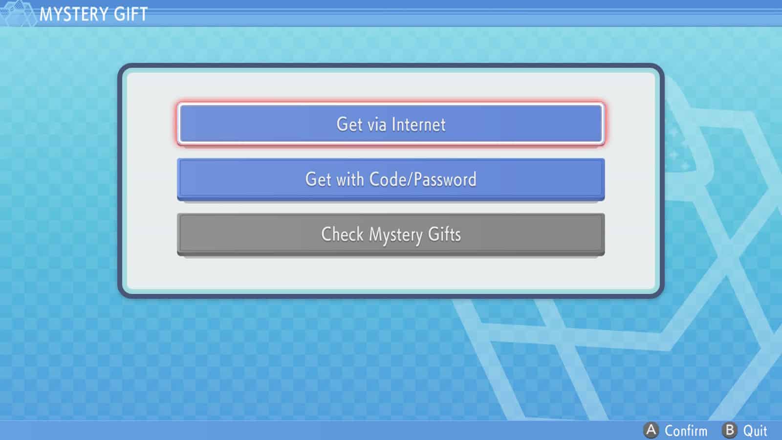 Captura de pantalla del menú de regalos misteriosos en Pokémon Diamante Brillante Perla Brillante