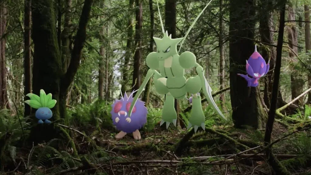 Une forêt est visible avec plusieurs Pokémon l'explorant