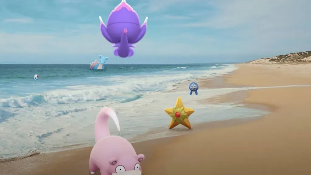 Poipole biegnie po plaży z kilkoma Pokemonami