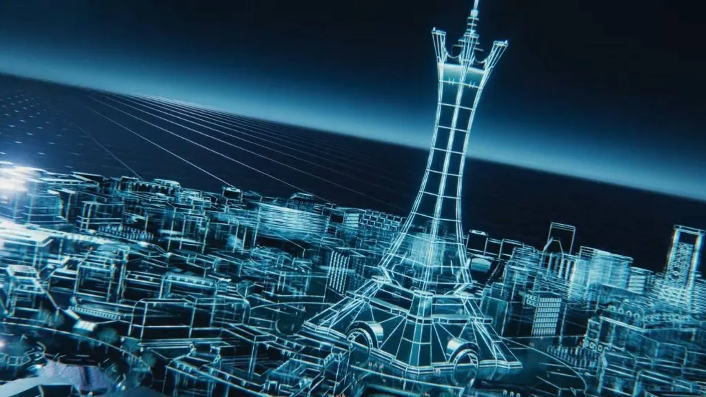 Uma imagem em wireframe mostra Lumiose City