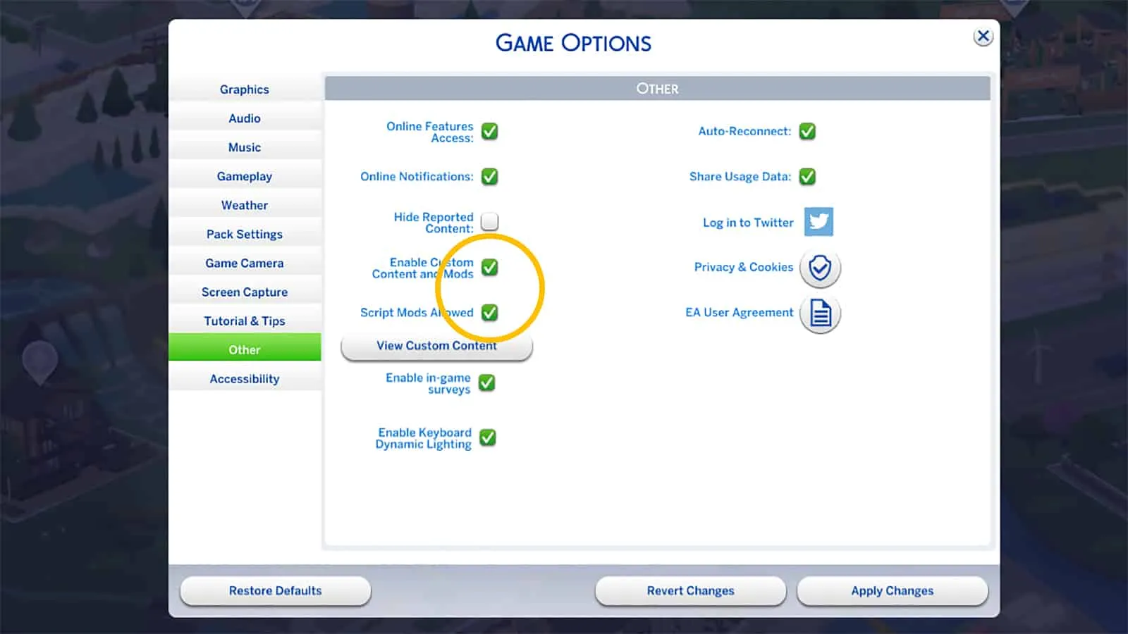 La fenêtre Options de jeu dans Les Sims