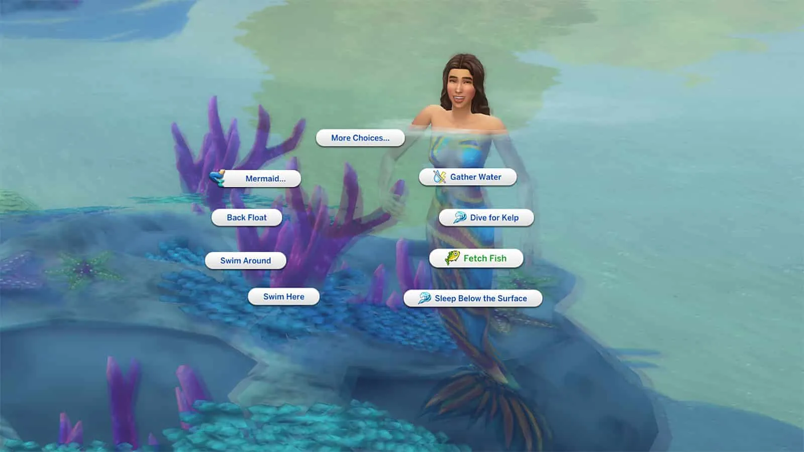 Une capture d'écran d'un Sims Sirène, présentant le menu à tarte étendu des Sirènes