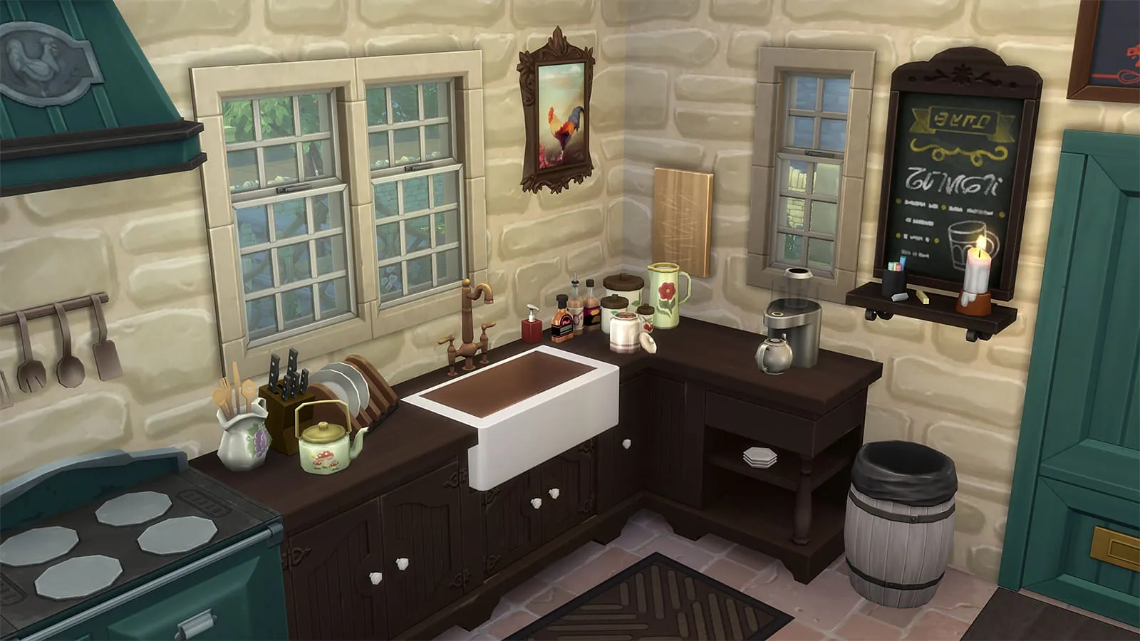 Una cucina in The Sims 4 che utilizza lo scaffale OMSP mod