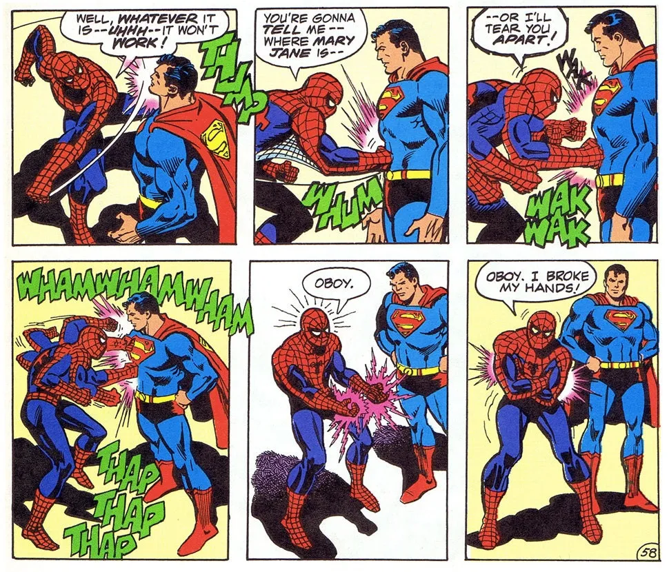 마블과 DC의 첫 크로스오버에서 스파이더맨과 슈퍼맨의 대결