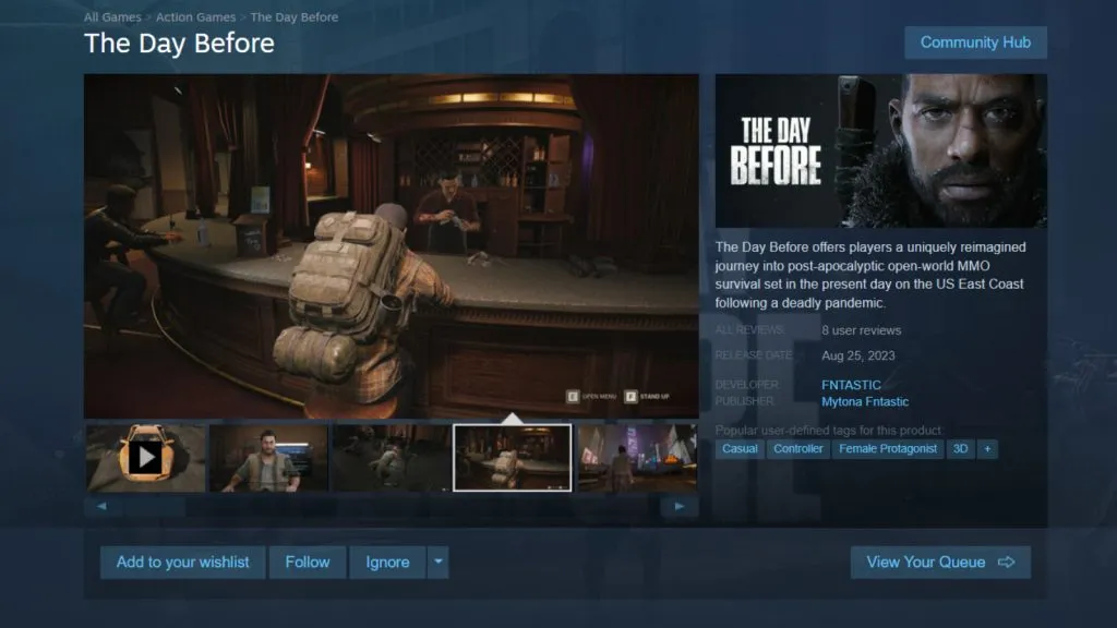 Una captura de pantalla de una página falsa de Steam para The Day Before