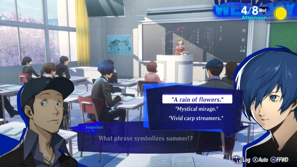 Uma imagem do jogo Persona 3 Reload apresentando o protagonista e Junpei conversando.