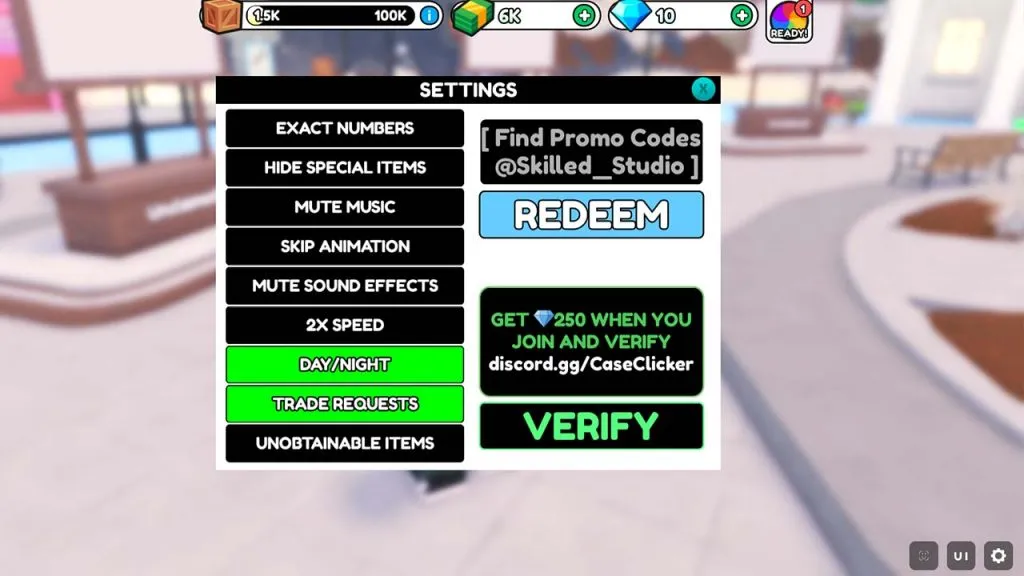 L'image montre comment utiliser les codes dans Roblox Case Clicker