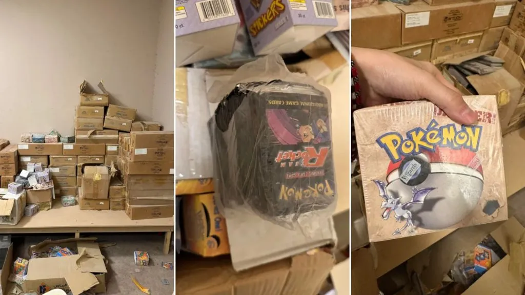 Articoli e carte Pokemon vintage in una scatola di cartone.