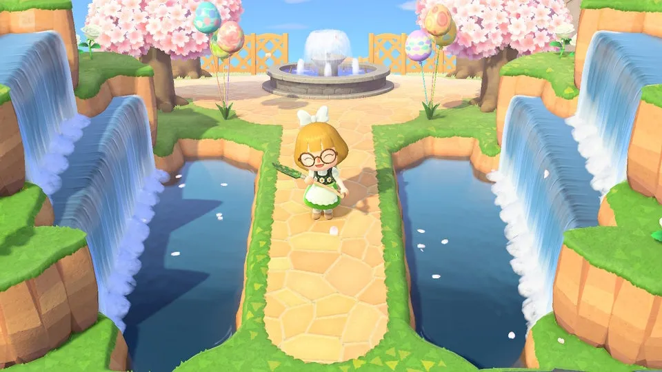 Uma imagem de um personagem parado em uma passarela de cada lado de uma cachoeira