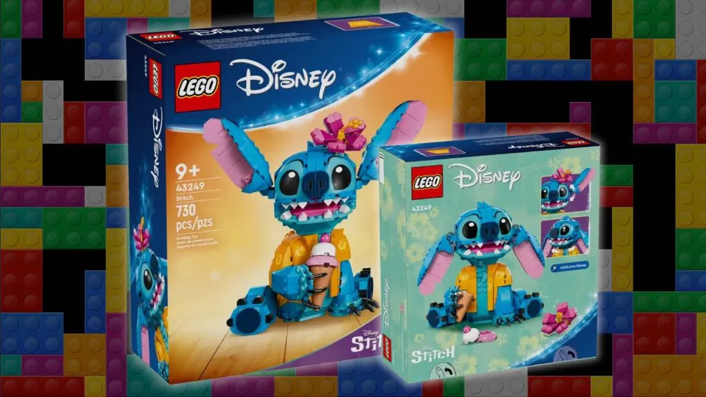 LEGO Disney Stitch auf einem LEGO-Hintergrund