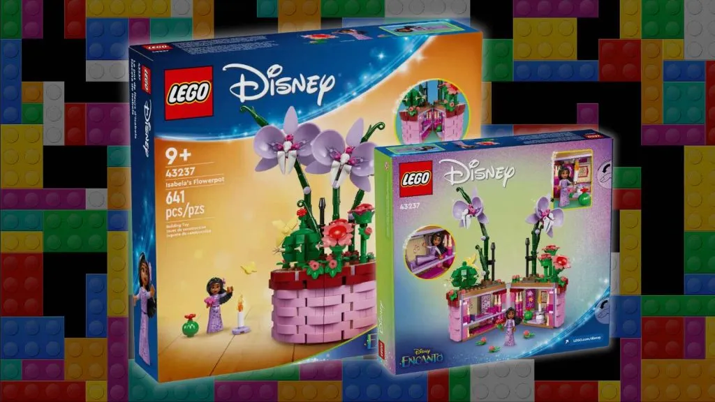 LEGO Disney Isabelas Blumentopf auf einem LEGO-Hintergrund
