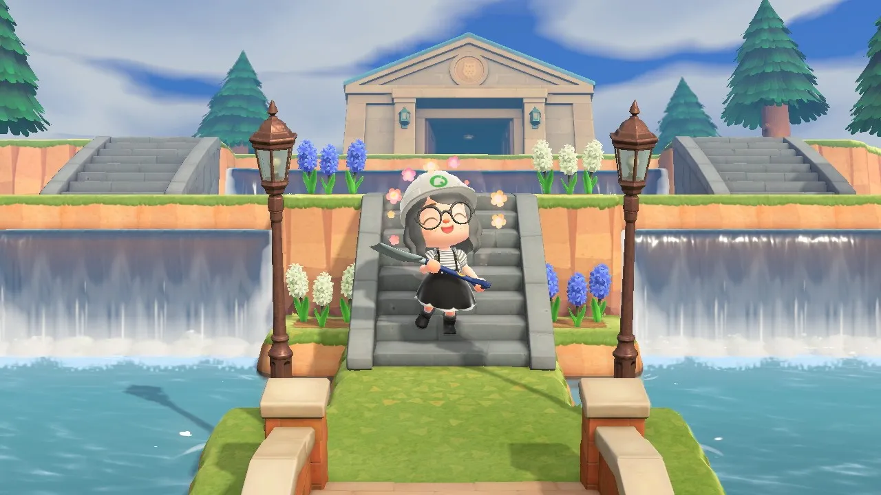 Uma imagem de um personagem parado no final de uma escada com vista para uma cachoeira em Animal Crossing novos horizontes