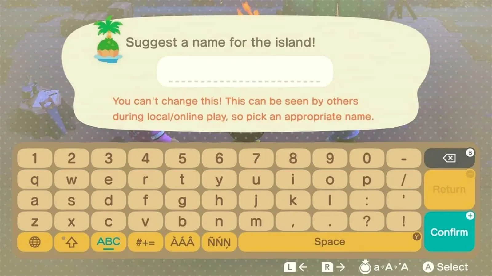 A tela de seleção do nome da ilha em Animal Crossing New Horizons