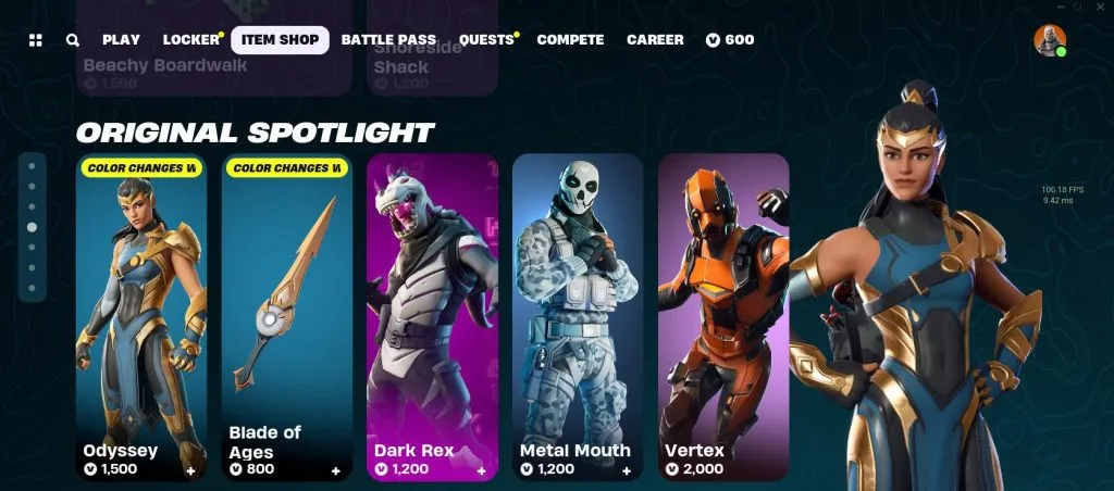 Skin Fortnite Odyssey dans la boutique d'objets.