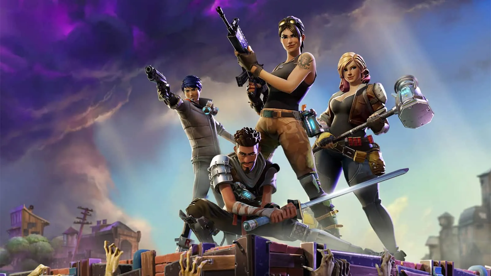 Une affiche d'amis jouant à Fortnite avec multiplateforme