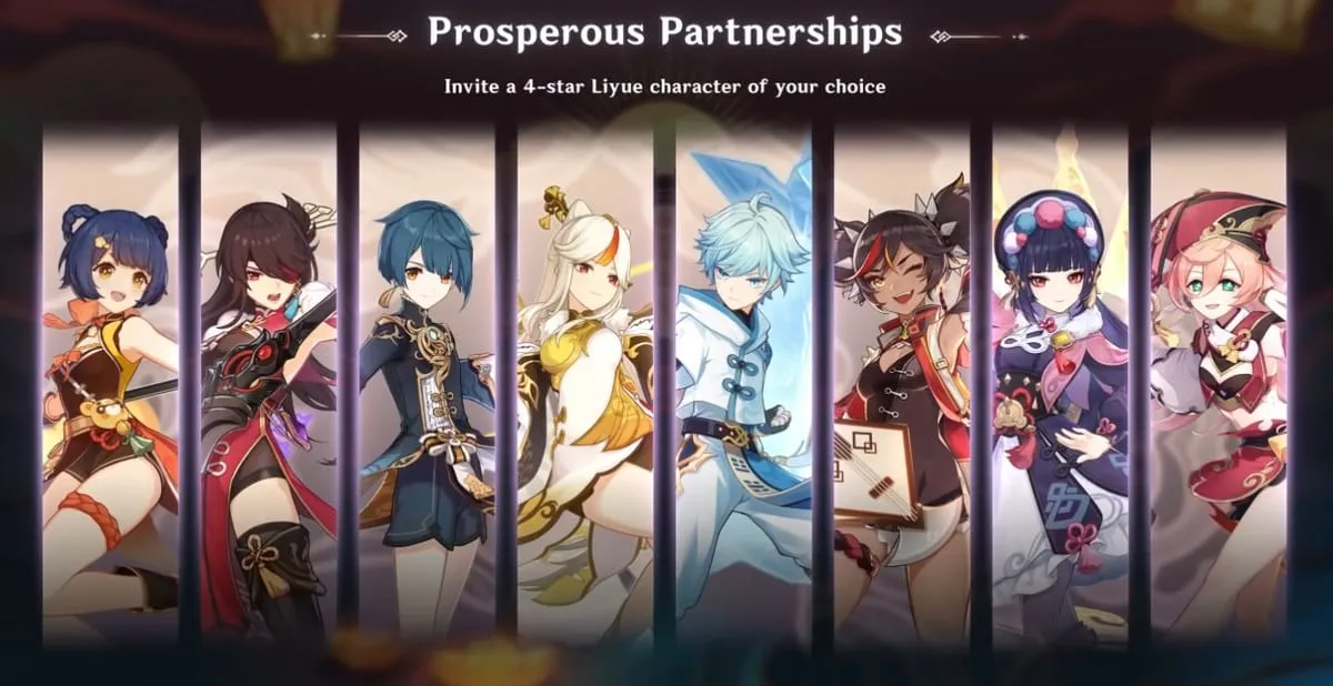 Pantalla de evento de personajes gratuitos de Genshin Impact Prosperous Partnerships.