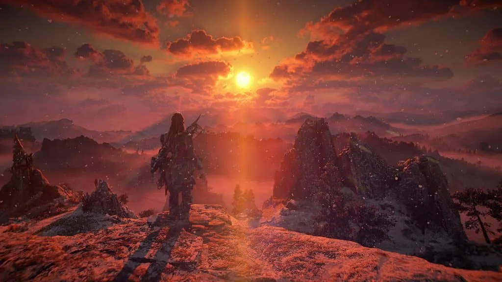 レビュー用の Horizo​​n Forbidden West の夕日の印象的なスクリーンショット