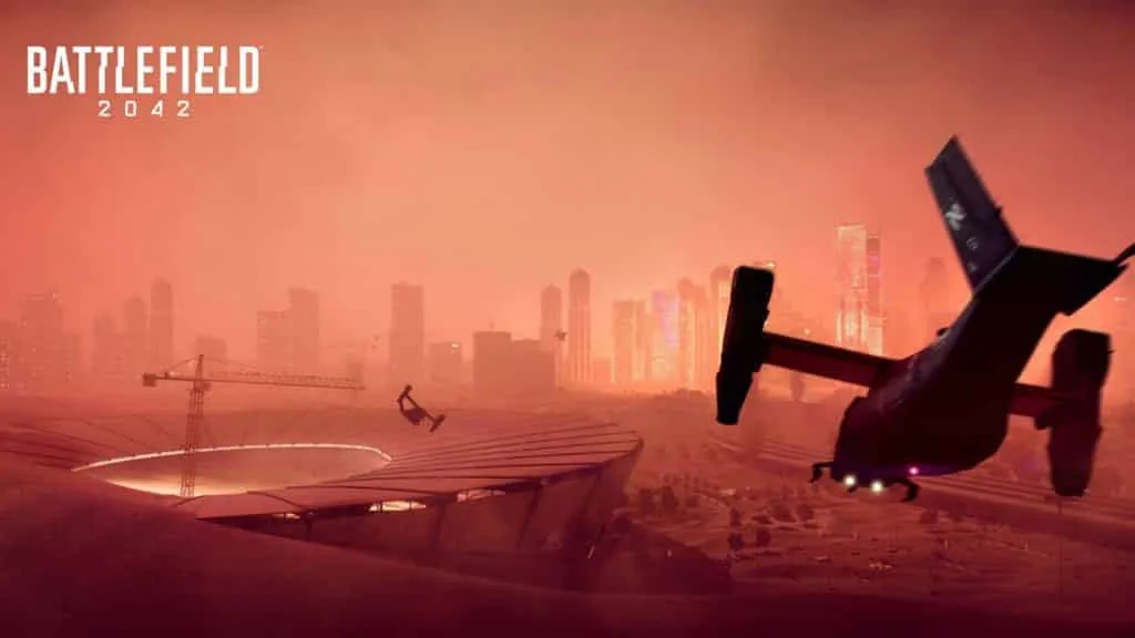 Une image d'un avion volant dans une tempête de sable dans Battlefield 2042