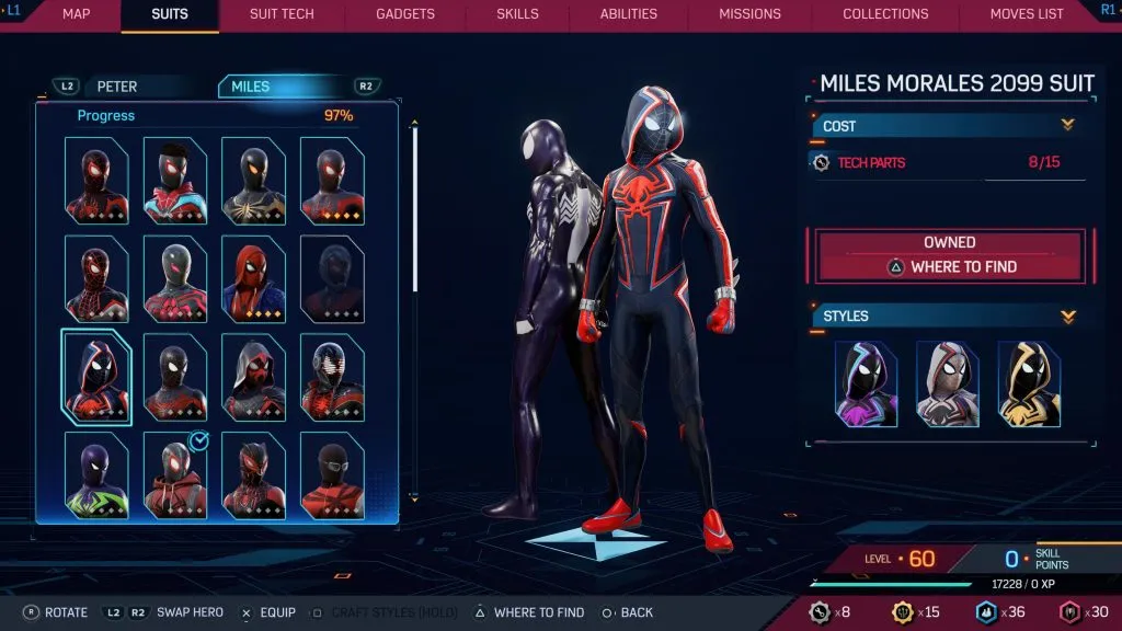 Marvel's Spider-Man 2 のマイルズ モラレス 2099 スーツ