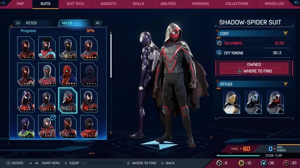 Marvel's Spider-Man 2 のシャドウ スパイダー スーツ