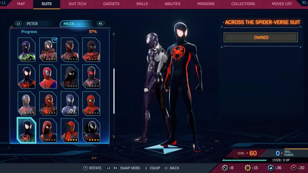 Uma imagem do traje de Miles Morales Across The Spider-Verse em Marvel's Spider-Man 2.