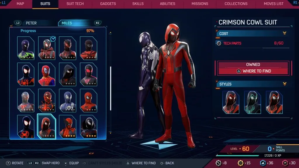 Traje Crimson Cowl de Marvel's Spider-Man 2