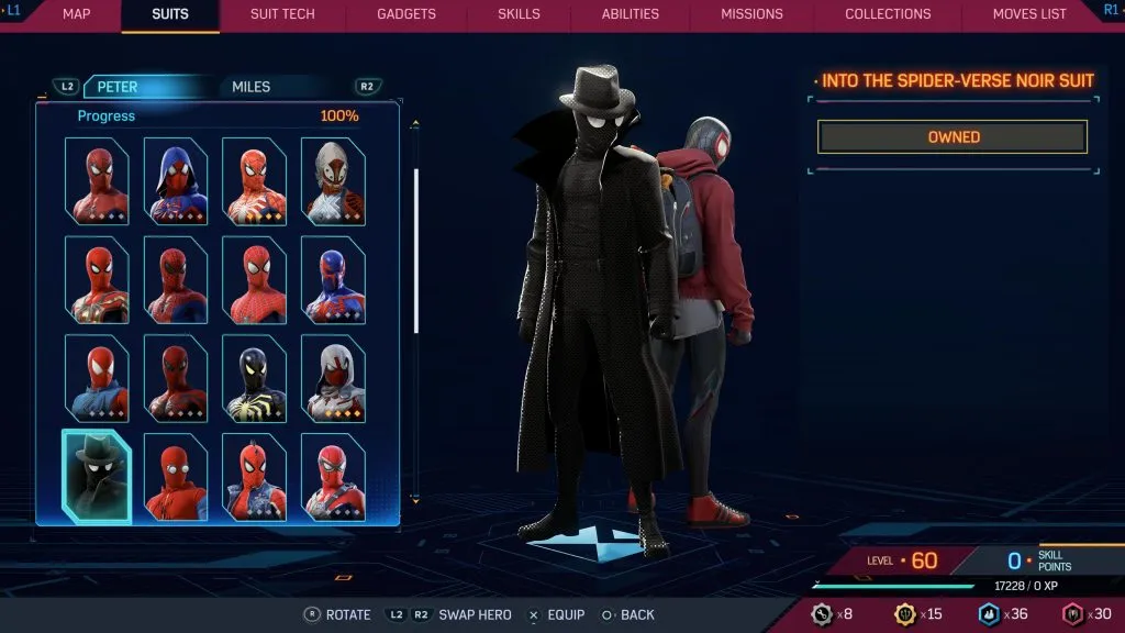 En el traje Spider-Verse Noir de Marvel's Spider-Man 2