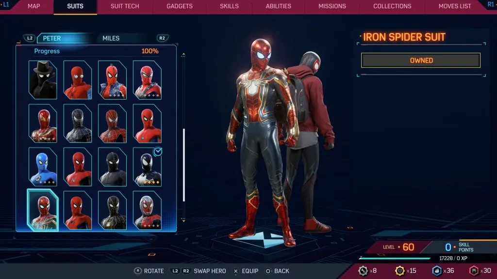 Uma imagem do traje Iron Spider em Marvel's Spider-Man 2.