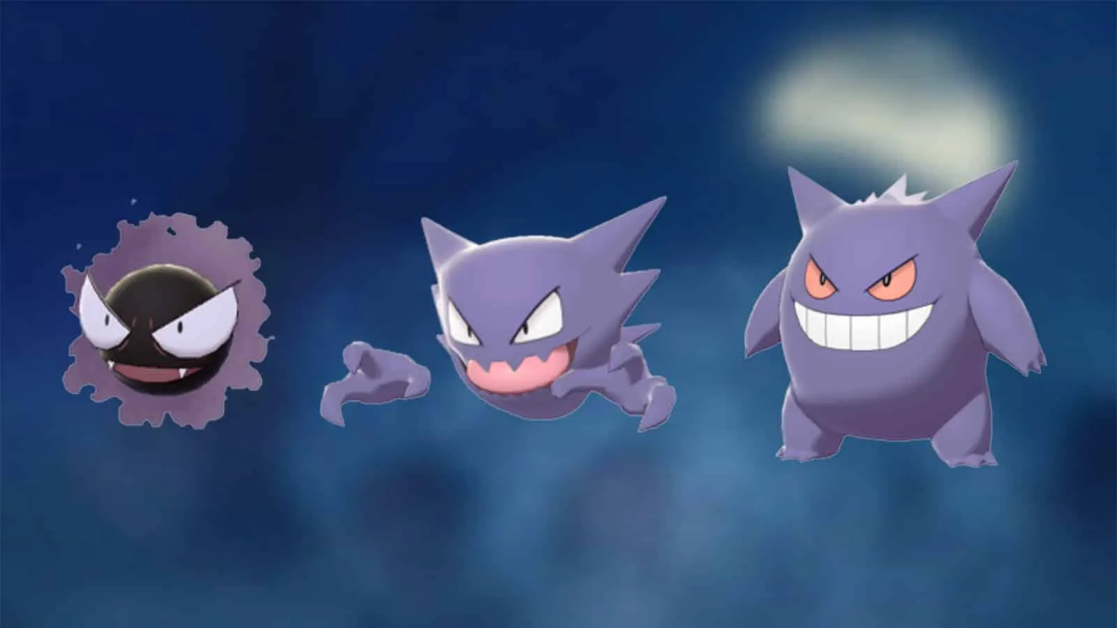 Pokémon do tipo fantasma Ghastly, Haunter e Gengar com fraquezas.