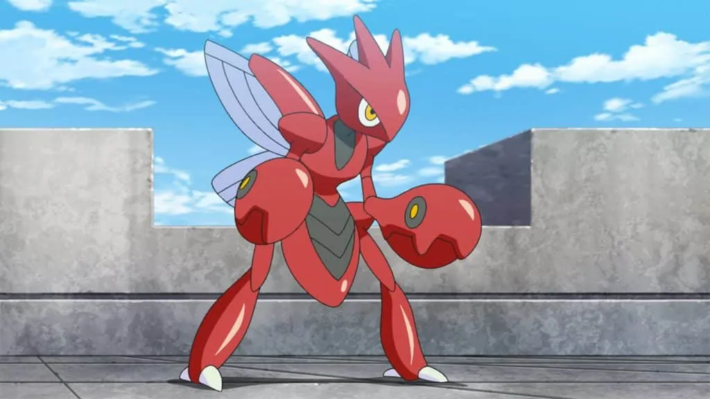 Scizor tipo aço aparecendo no anime Pokémon